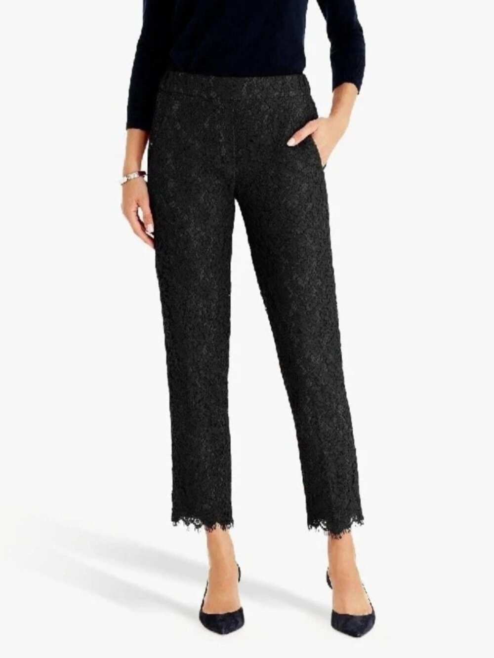 J Crew Easy Pant Womens 8 Black Lace Floral Cropped Ankle Pants Lined